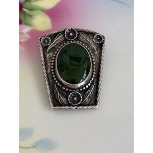 Vintage 70's Southwestern Black Hills Sterling Green Agate Bolo Tie Clip 30 gram
